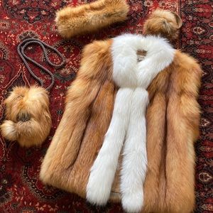 Ceresnie & Offen Fox Fur Vest Set / earmuffs purse headband